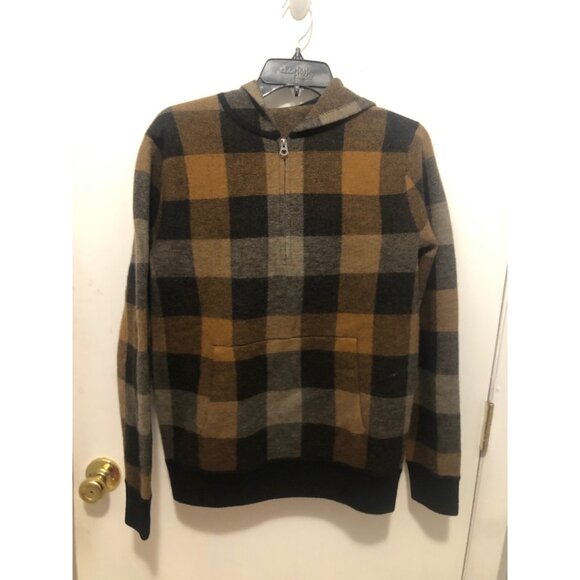 J.CREW Other - J Crew Merino Wool Black Tan Tartan Plaid Half Zip Hoodie Sweatshirt Mens